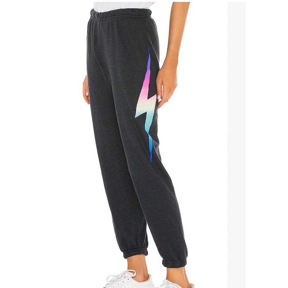 Aviator Nation Lightning Bolt Sweatpants Rainbow Pink Charcoal Gray Jogger Med